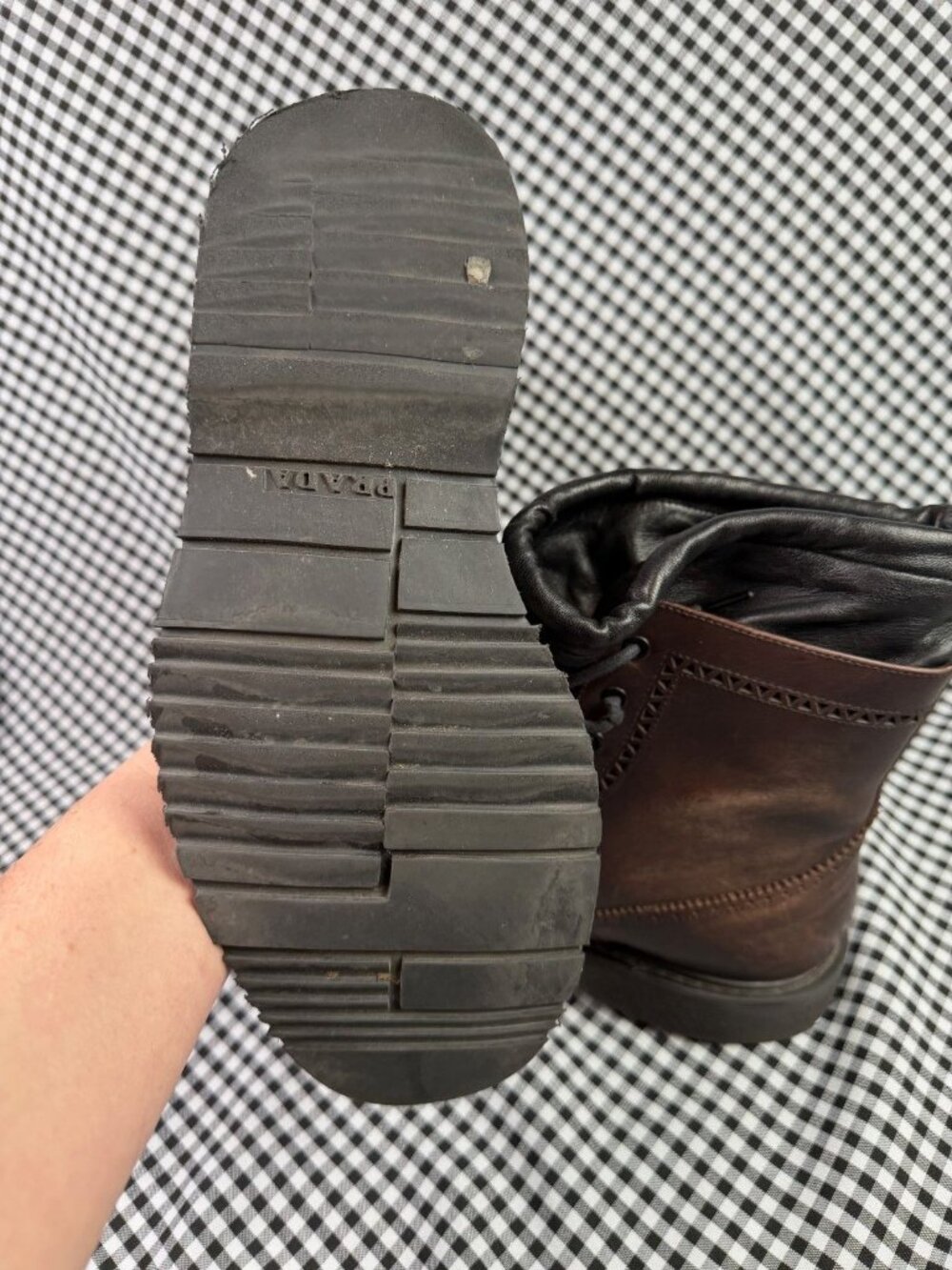 Prada Leather Combat Boots Brown Black Cap Toe Brogue Lace Up Mens 7 Womens 9.5 - Picture 4 of 6